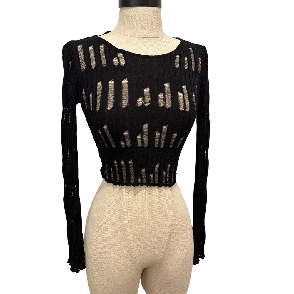 Pacific Republic Black Distressed Ribbed Long Sleeve Tie Crop Top S Grunge Goth